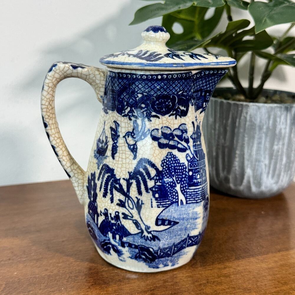 Vintage Moriyama Blue Willow Coffee Pot Pitcher Lid Blue White Transferware 1930